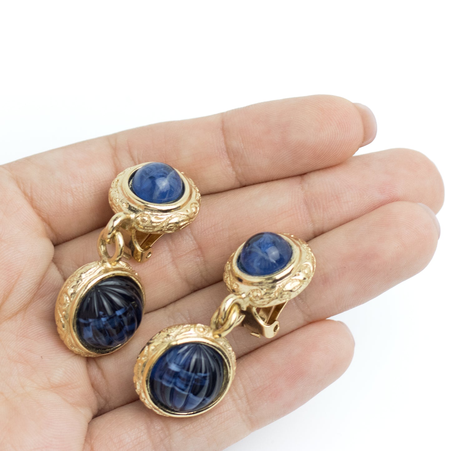 Henkel & Grosse for Dior Dangle Clip On Earrings with Navy Glass Cabochons