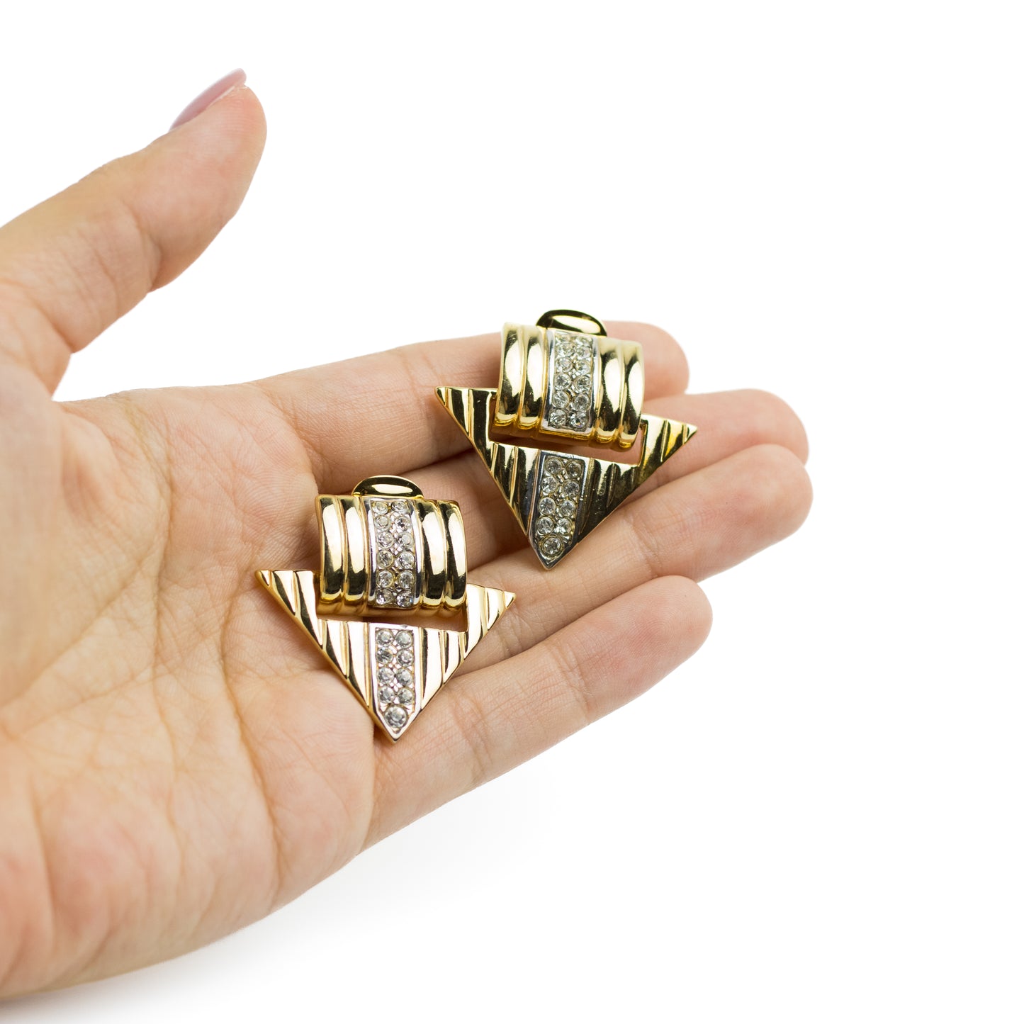 Gold Tone Geometric Vintage Clip On Earrings with Clear Rhinestones