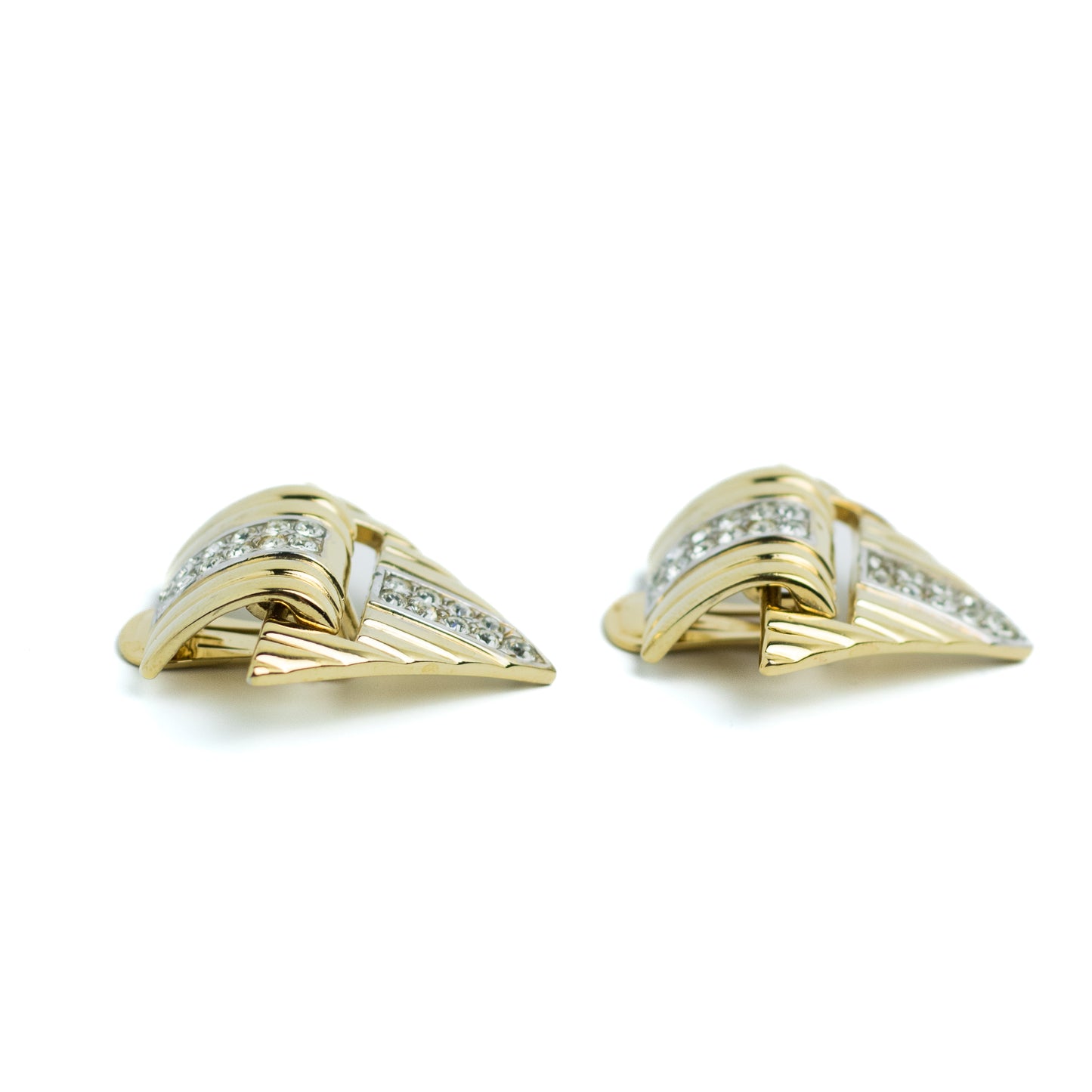 Gold Tone Geometric Vintage Clip On Earrings with Clear Rhinestones
