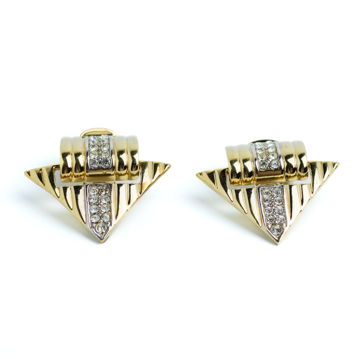 Gold Tone Geometric Vintage Clip On Earrings with Clear Rhinestones