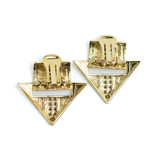 Gold Tone Geometric Vintage Clip On Earrings with Clear Rhinestones