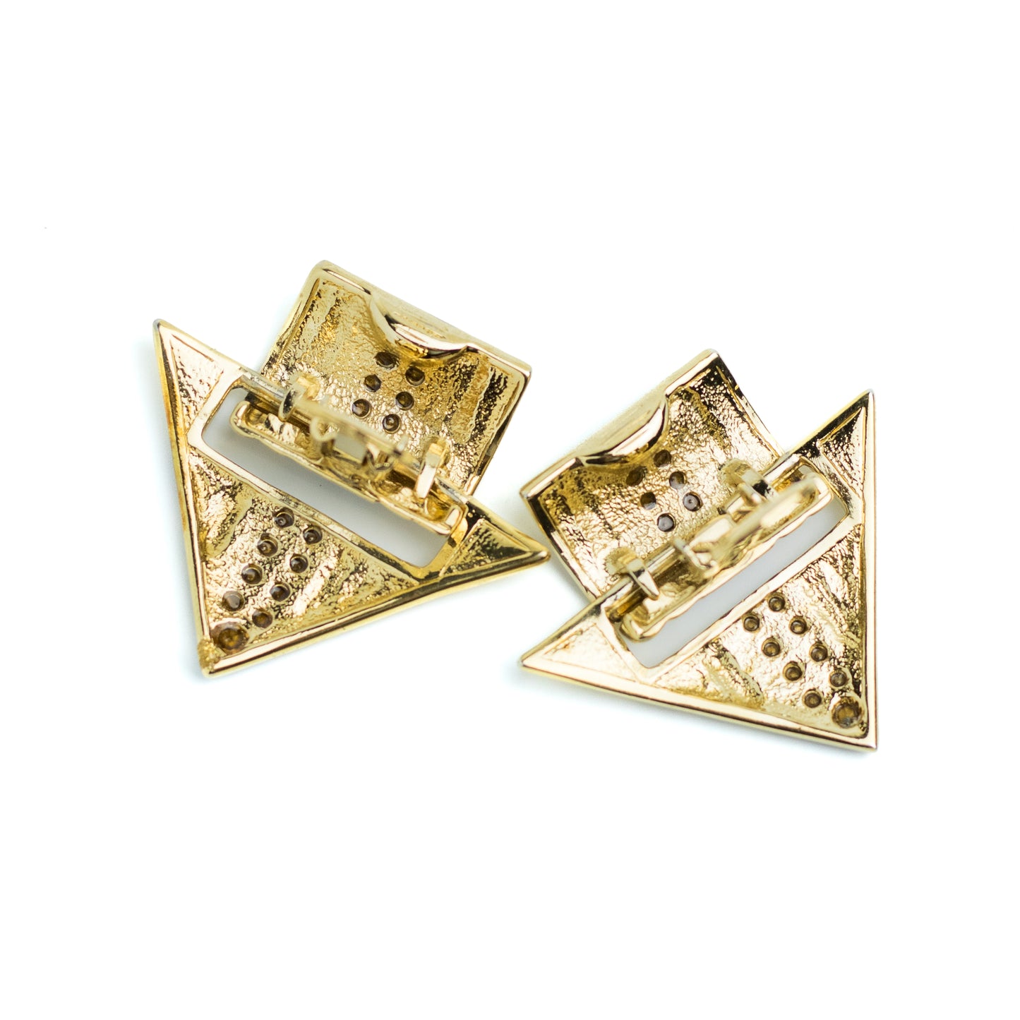 Gold Tone Geometric Vintage Clip On Earrings with Clear Rhinestones