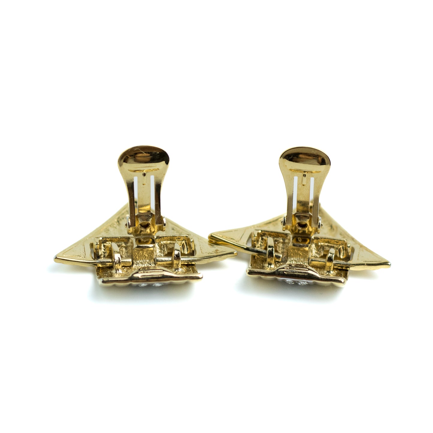 Gold Tone Geometric Vintage Clip On Earrings with Clear Rhinestones