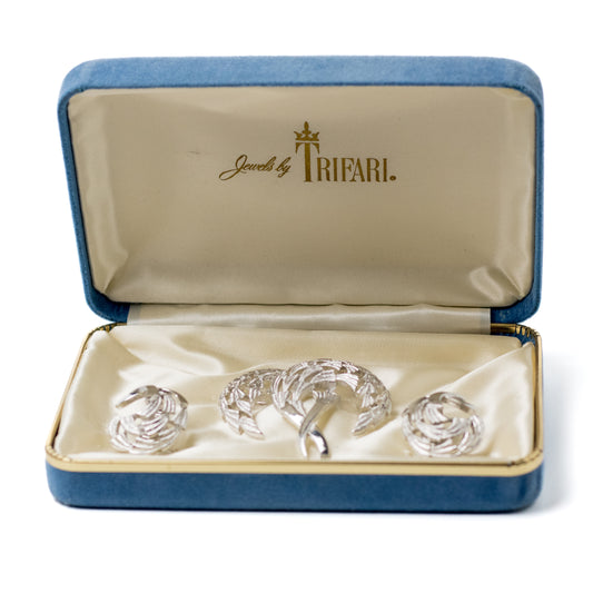 Trifari Silver Tone Brooch and Clip-On Earrings Set With Original Velvet Box