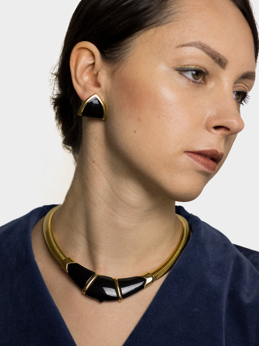 Monet Vintage Black Enamel Omega Necklace and Earrings Set