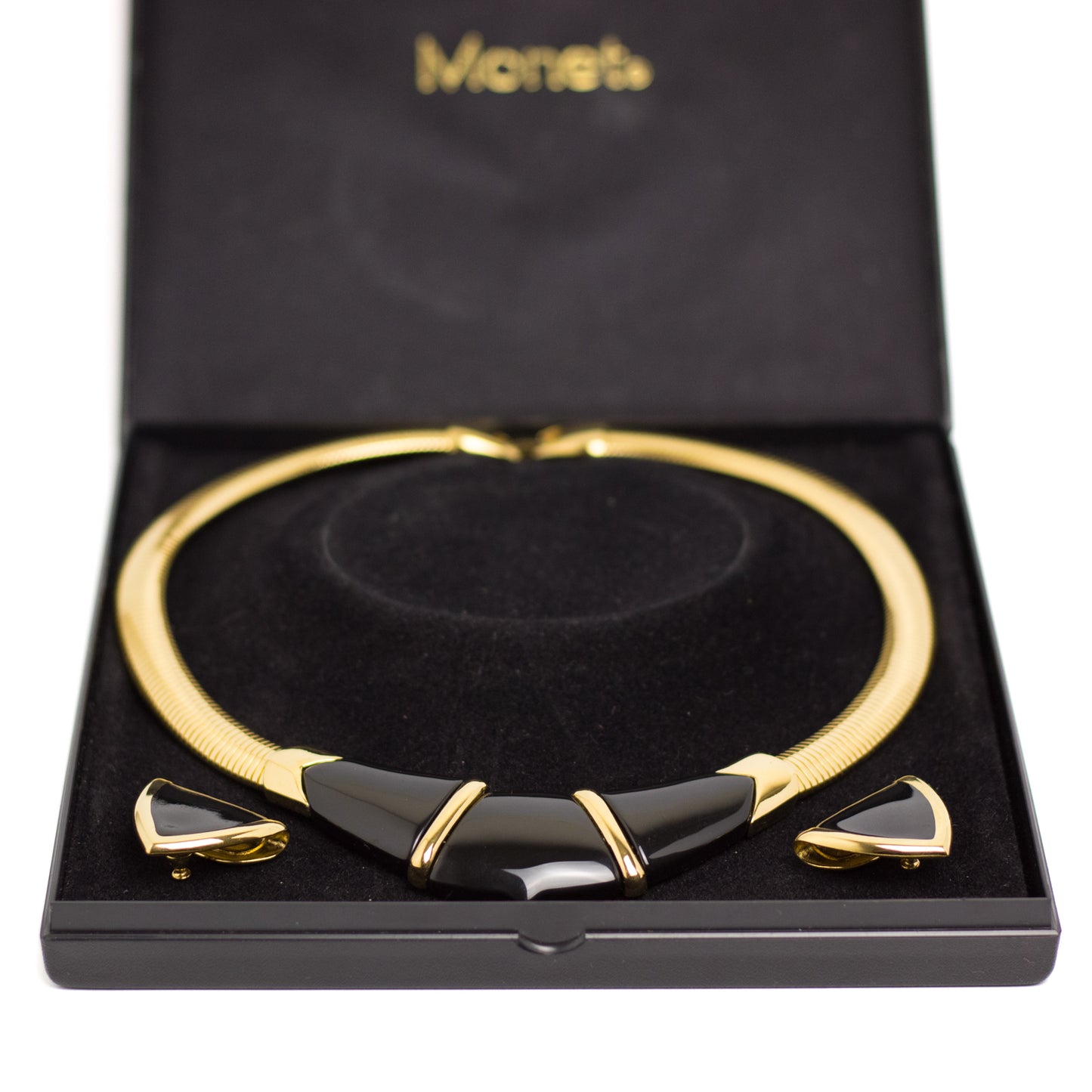 Monet Vintage Black Enamel Omega Necklace and Earrings Set