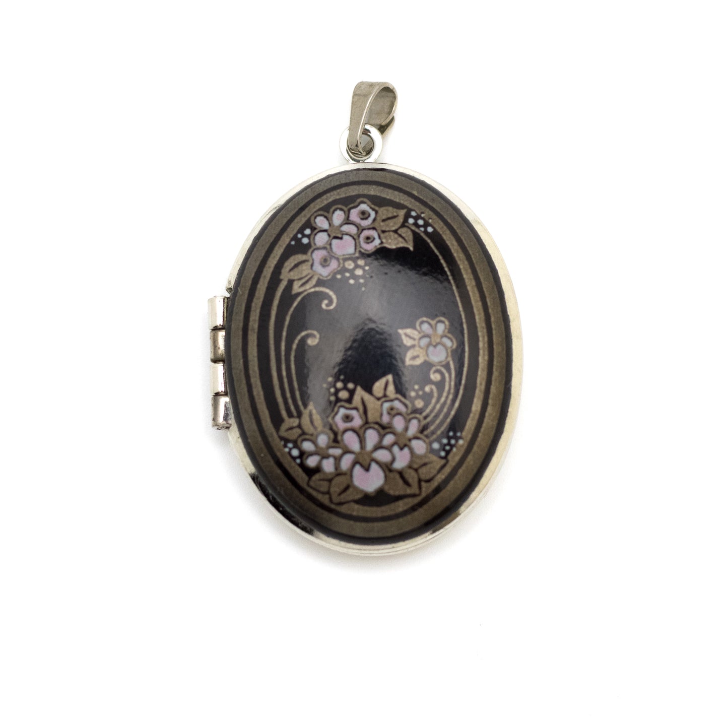 Michaela Frey Schwarzer Emaille Blumen Medaillon Anhänger Vintage Österreichischer Schmuck