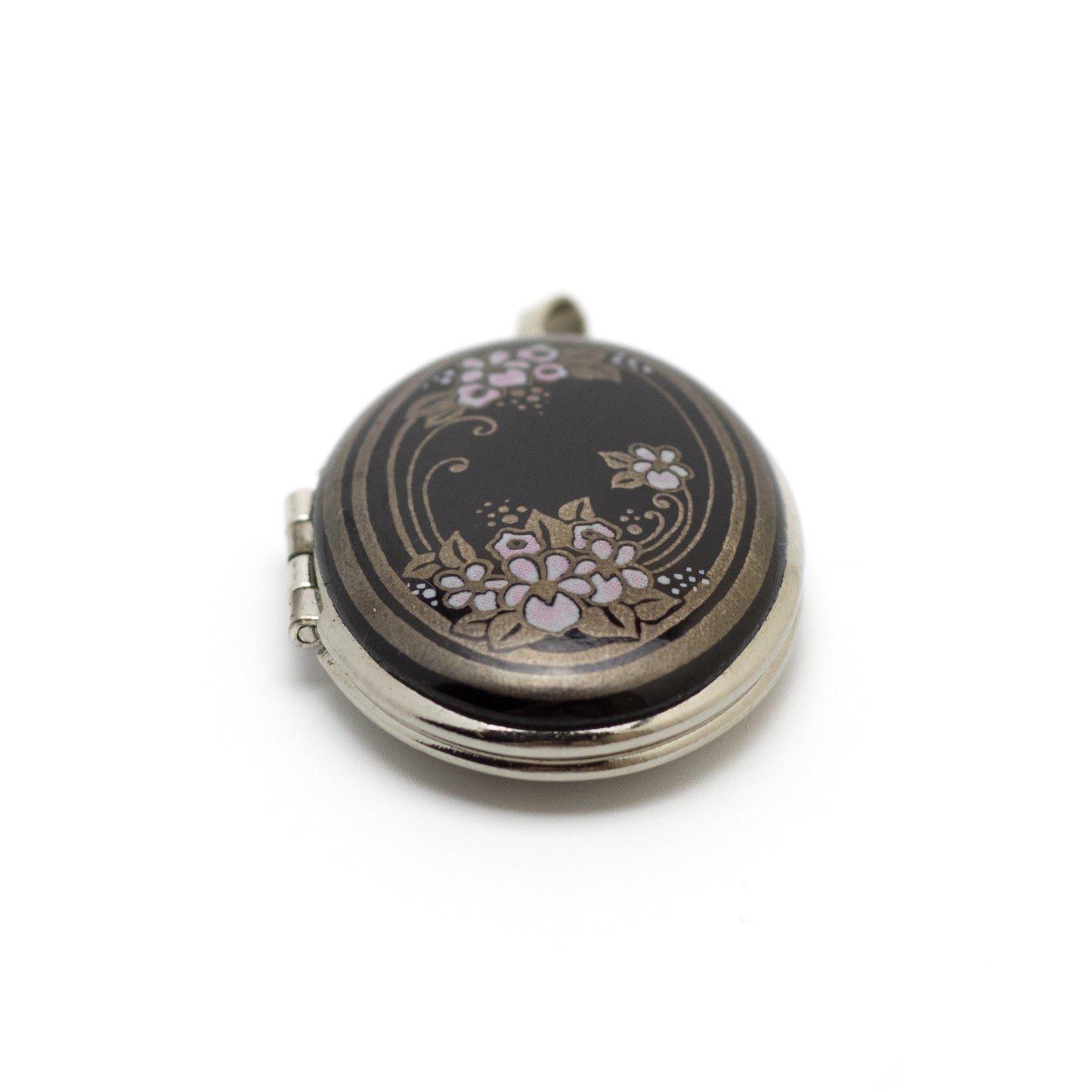 Michaela Frey Schwarzer Emaille Blumen Medaillon Anhänger Vintage Österreichischer Schmuck