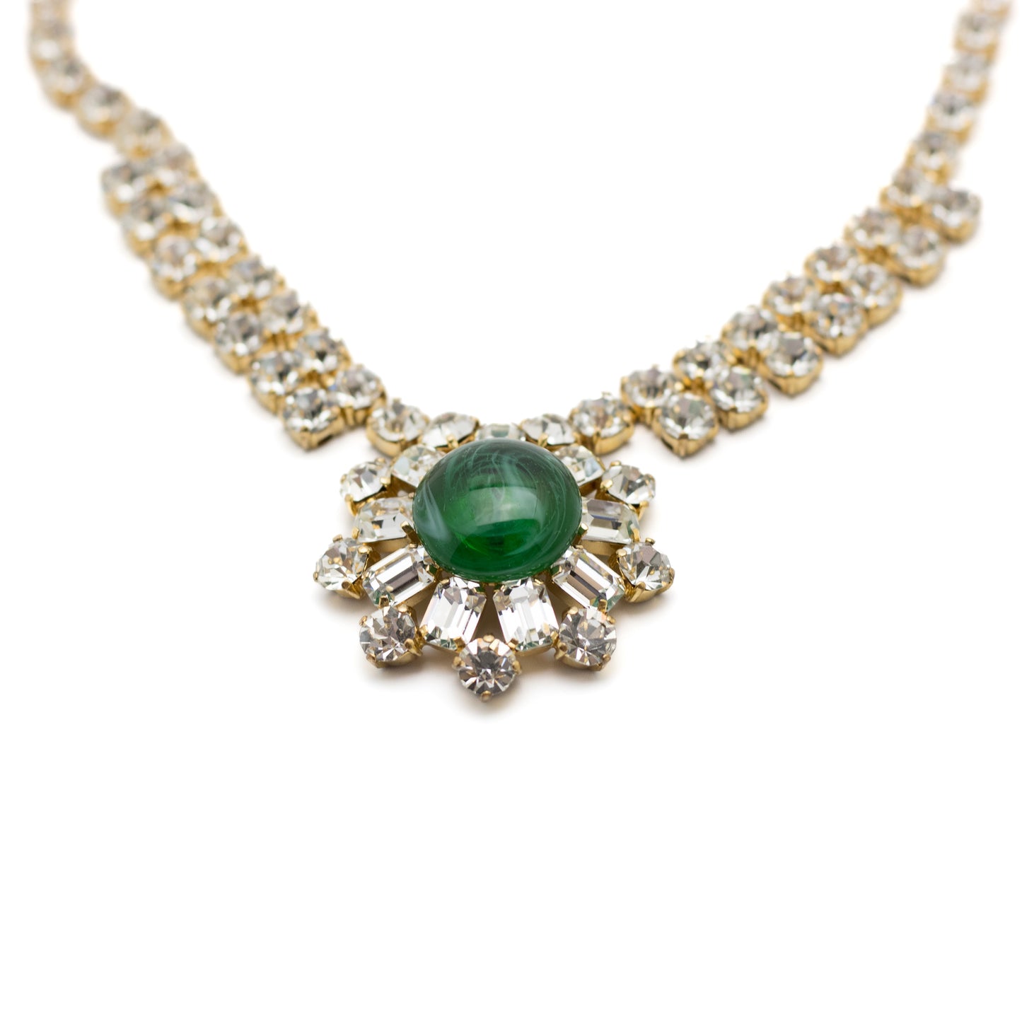 Vintage 1950s Austrian Schoffel & Co Collier with Emerald Green Glass Cabochon and Clear Austrian Crystals