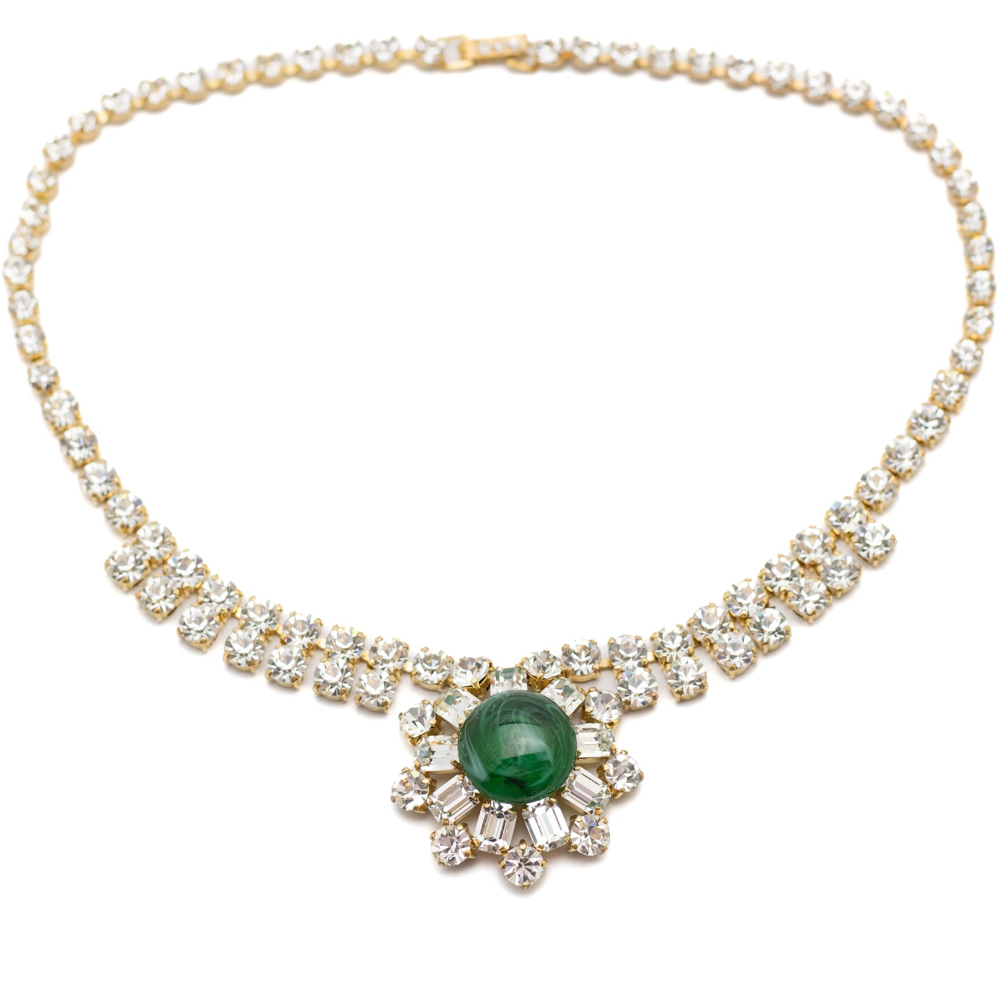 Vintage 1950s Austrian Schoffel & Co Collier with Emerald Green Glass Cabochon and Clear Austrian Crystals