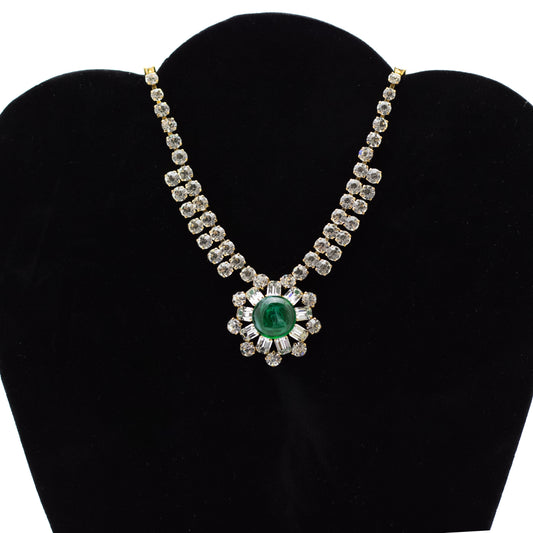 Vintage 1950s Austrian Schoffel & Co Collier with Emerald Green Glass Cabochon and Clear Austrian Crystals