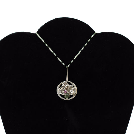 Valdres Solvsmie Vintage Brutalist Silver Pendant with Tourmaline Cabochons