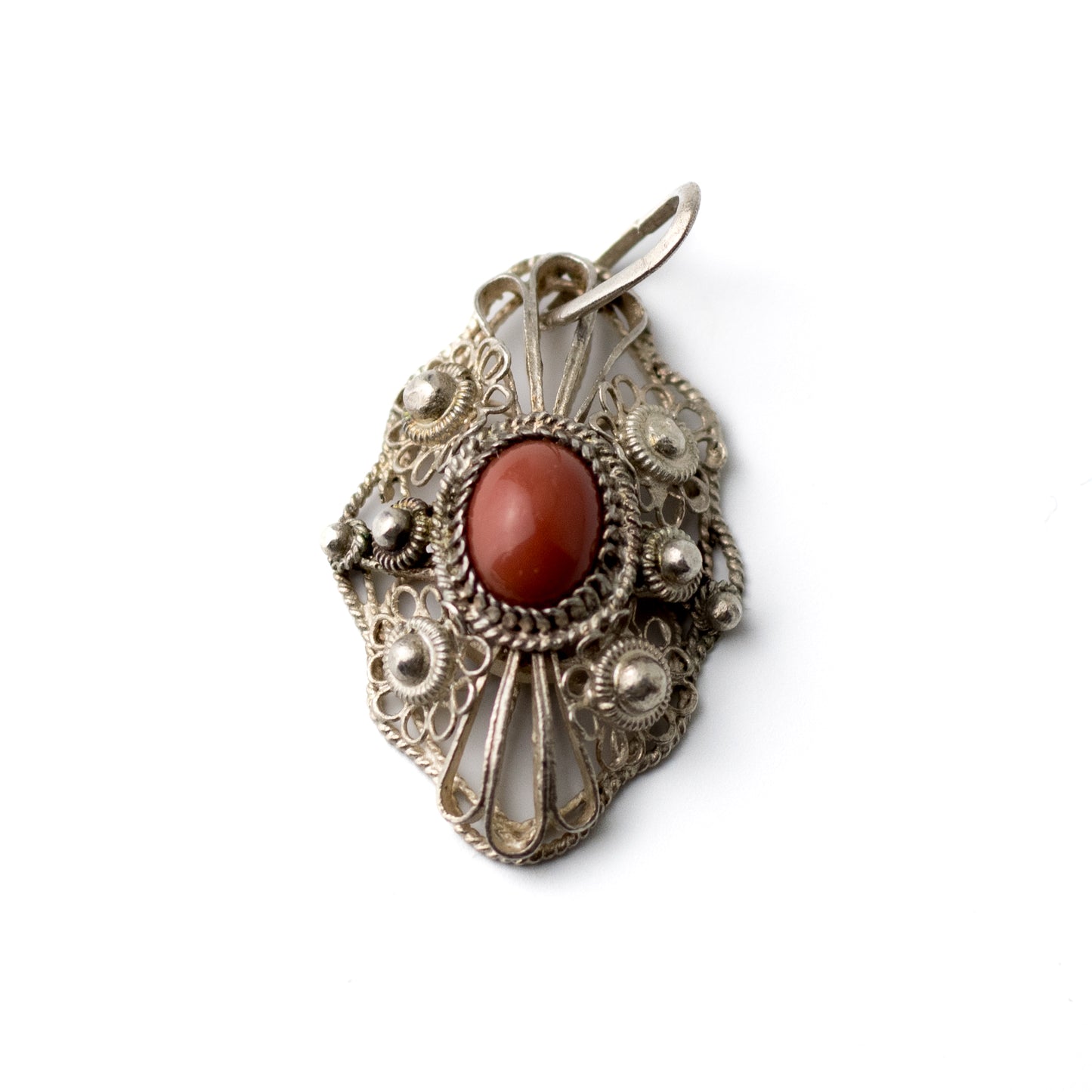 Silver Filigree Pendant with Red Coral Cabochon