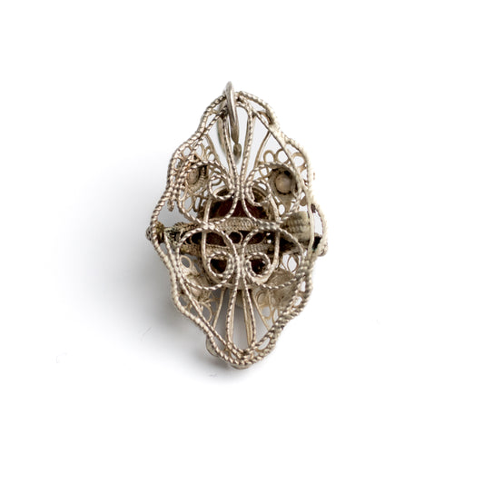 Silver Filigree Pendant with Red Coral Cabochon