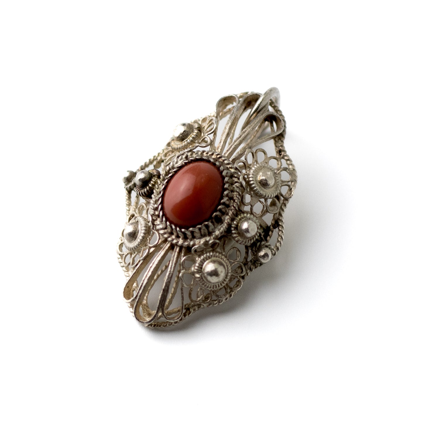 Silver Filigree Pendant with Red Coral Cabochon