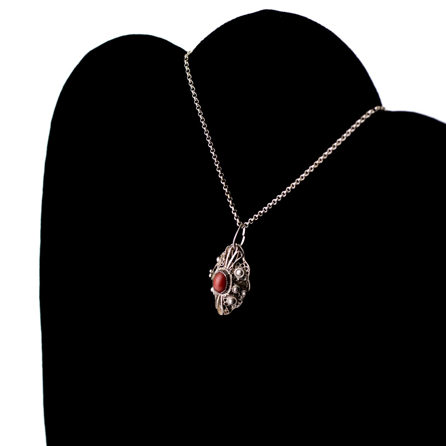 Silver Filigree Pendant with Red Coral Cabochon