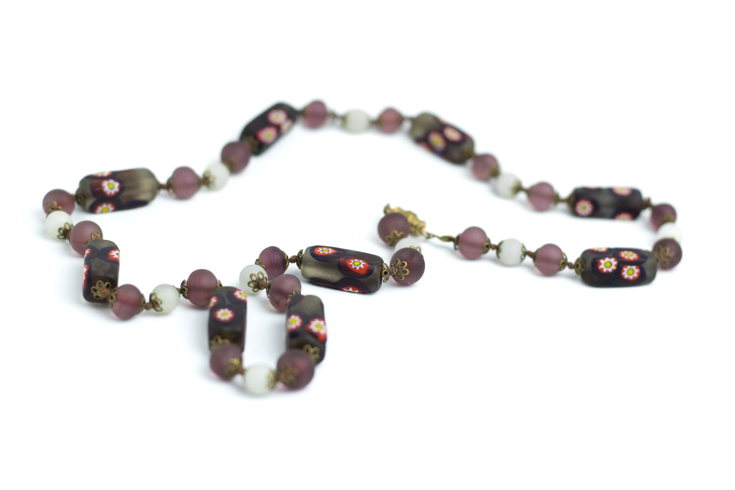 Vintage Venetian Millefiori Necklace with Frosted Glass Beads in Earth Tones