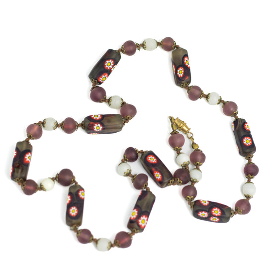 Vintage Venetian Millefiori Necklace with Frosted Glass Beads in Earth Tones