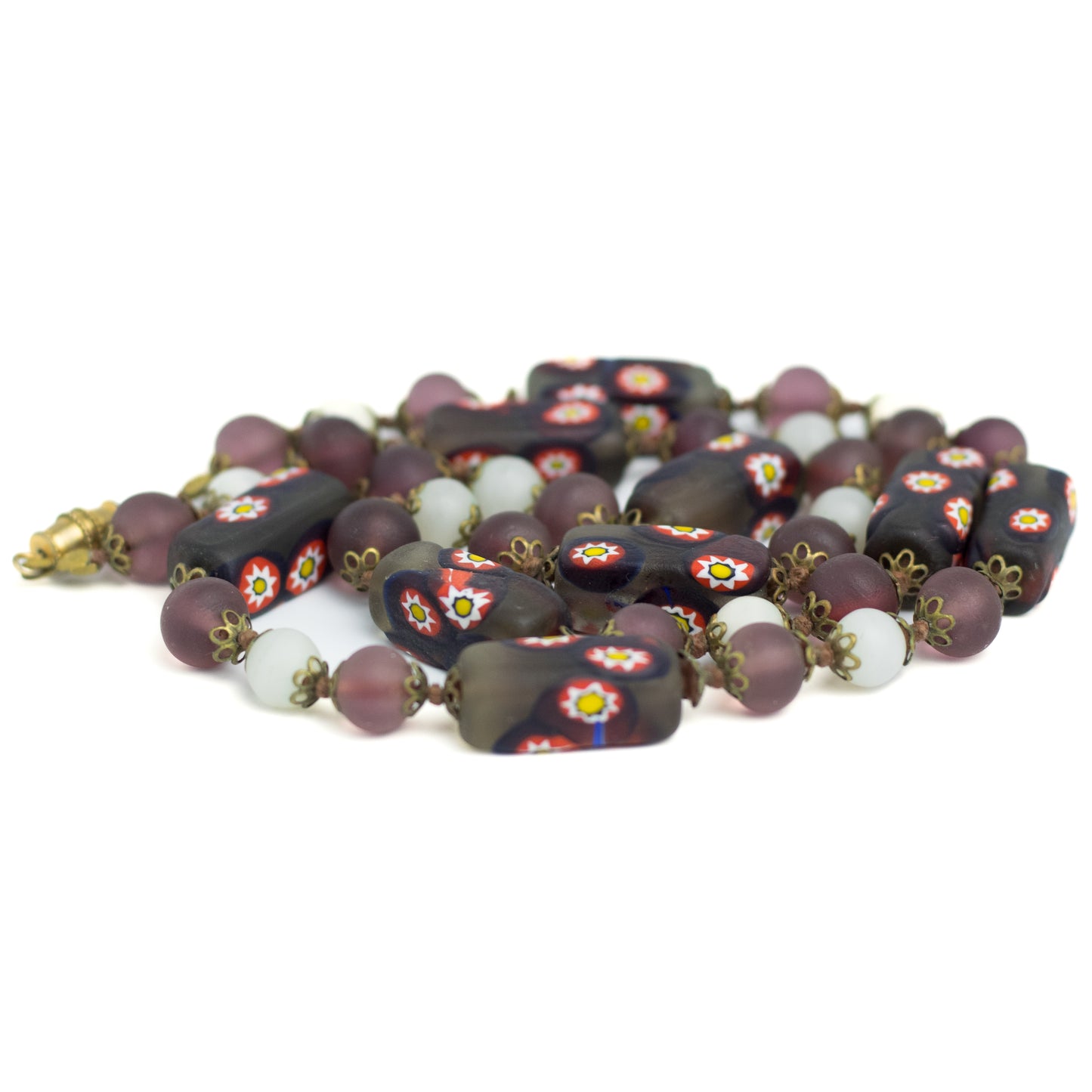 Vintage Venetian Millefiori Necklace with Frosted Glass Beads in Earth Tones