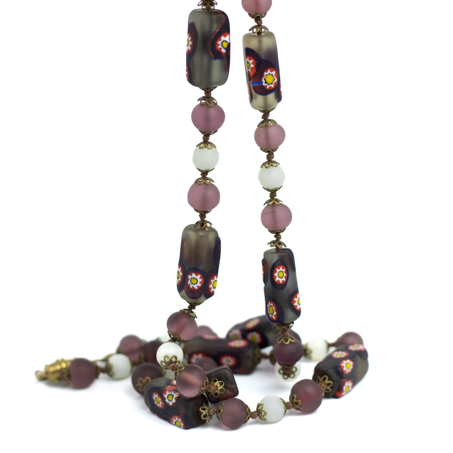 Vintage Venetian Millefiori Necklace with Frosted Glass Beads in Earth Tones