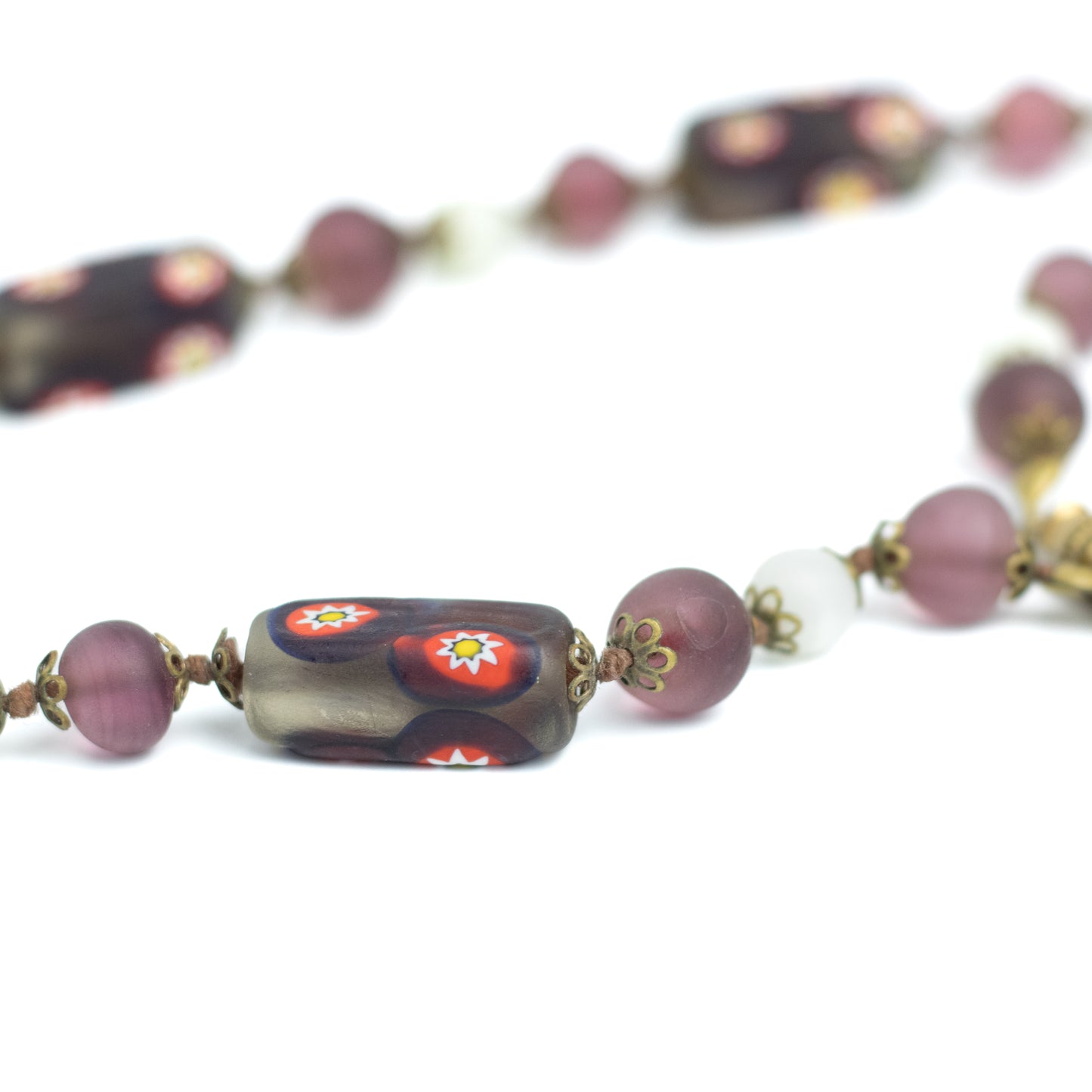 Vintage Venetian Millefiori Necklace with Frosted Glass Beads in Earth Tones