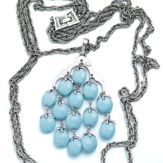 Trifari Waterfall Pendant Necklace with Blue Drops in Silver Tone