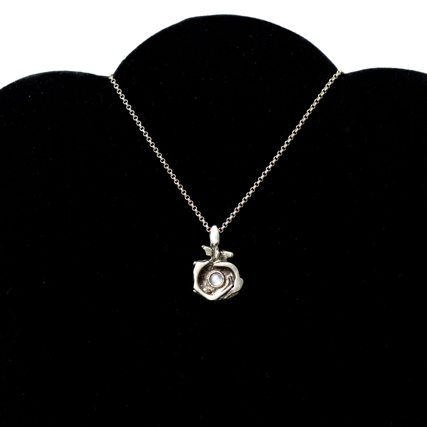 Vintage Brutalist Silver Rose Pendant with Moonstone