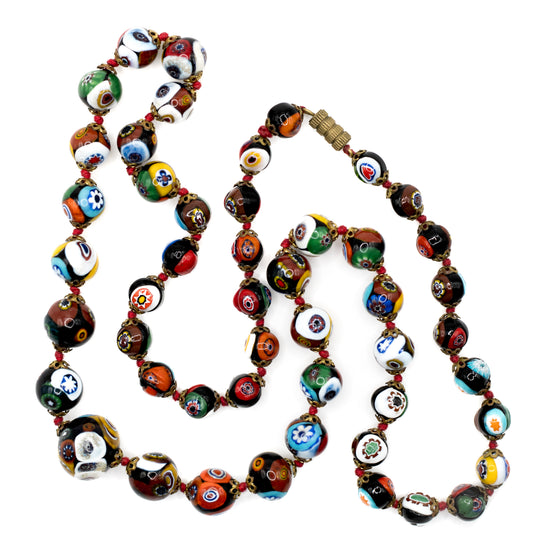 Millefiori Knotted Bead Necklace With Vintage Glass