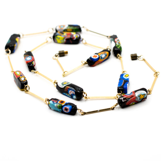 Rectangular Millefiori Glass Bead Necklace With Vintage Chain