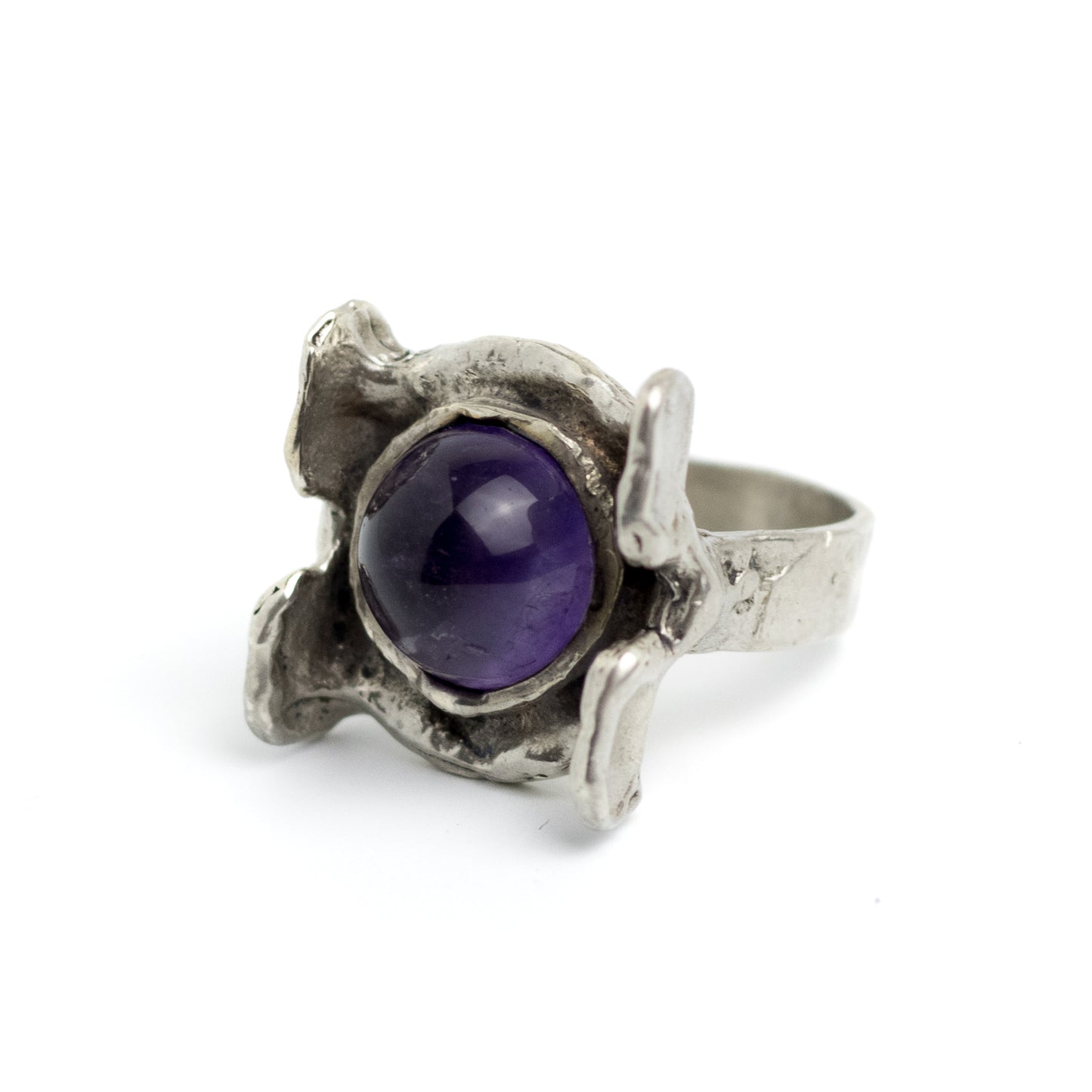 Monika and Burkhard OLY Vintage Brutalist Silver Ring with Amethyst