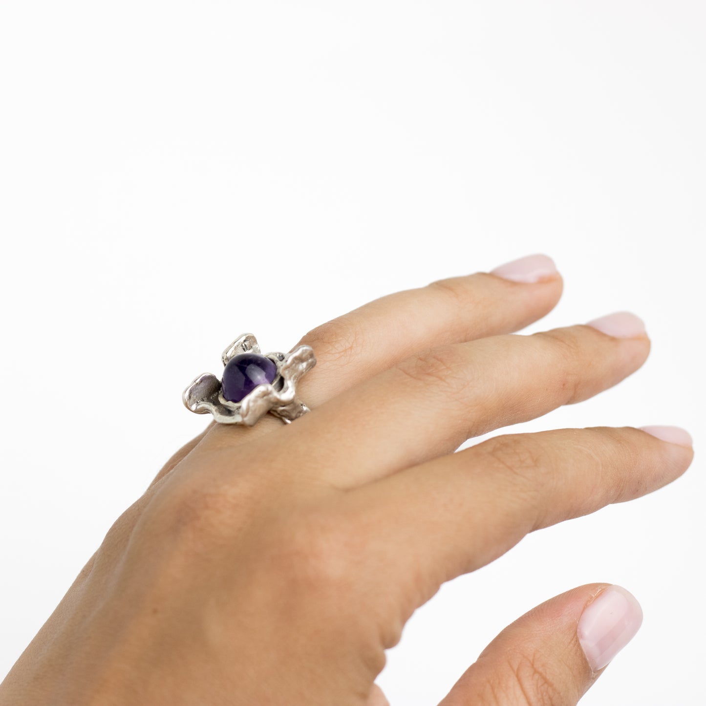 Monika and Burkhard OLY Vintage Brutalist Silver Ring with Amethyst