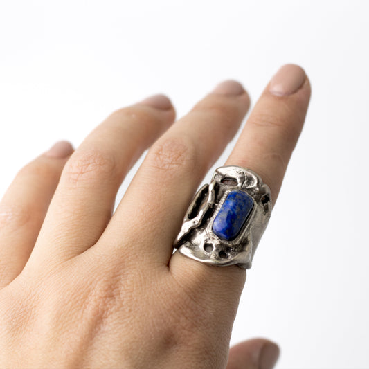 Monika & Burkhard OLY Vintage Brutalist Silver Ring with Lapis Lazuli