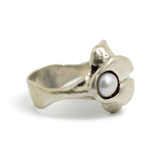 Monika and Burkhard OLY Vintage Brutalist Silver Ring with Pearl