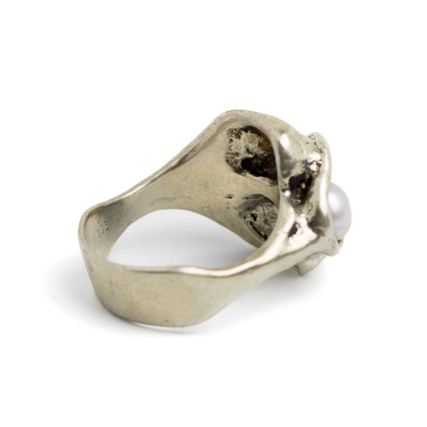 Monika and Burkhard OLY Vintage Brutalist Silver Ring with Pearl