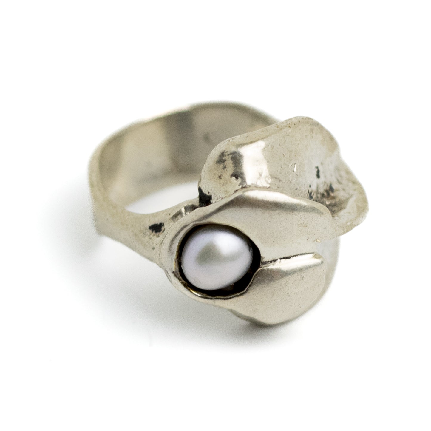 Monika and Burkhard OLY Vintage Brutalist Silver Ring with Pearl