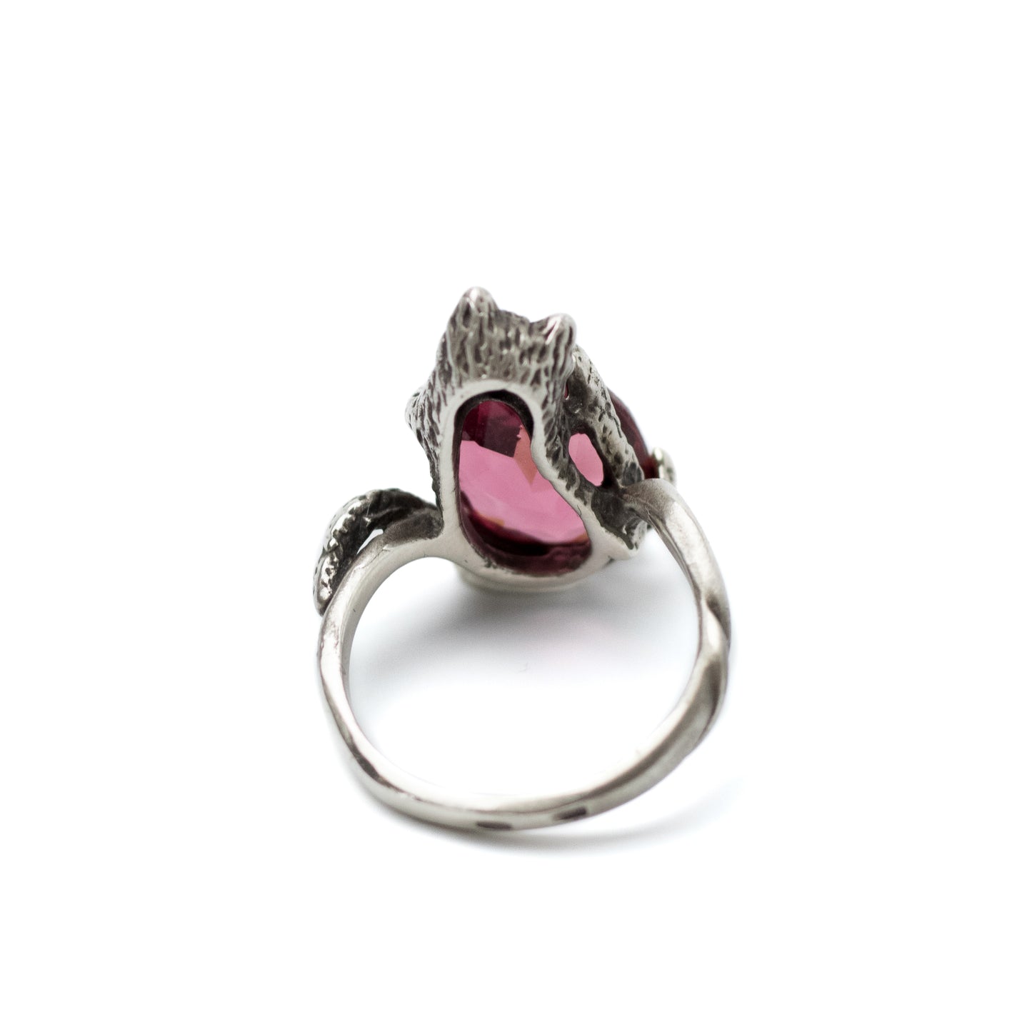 Vintage Silver Ring Featuring Cat with Pink Crystal
