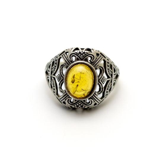 Art Deco Sterling Silver Ring with Yellow Amber Cabochon