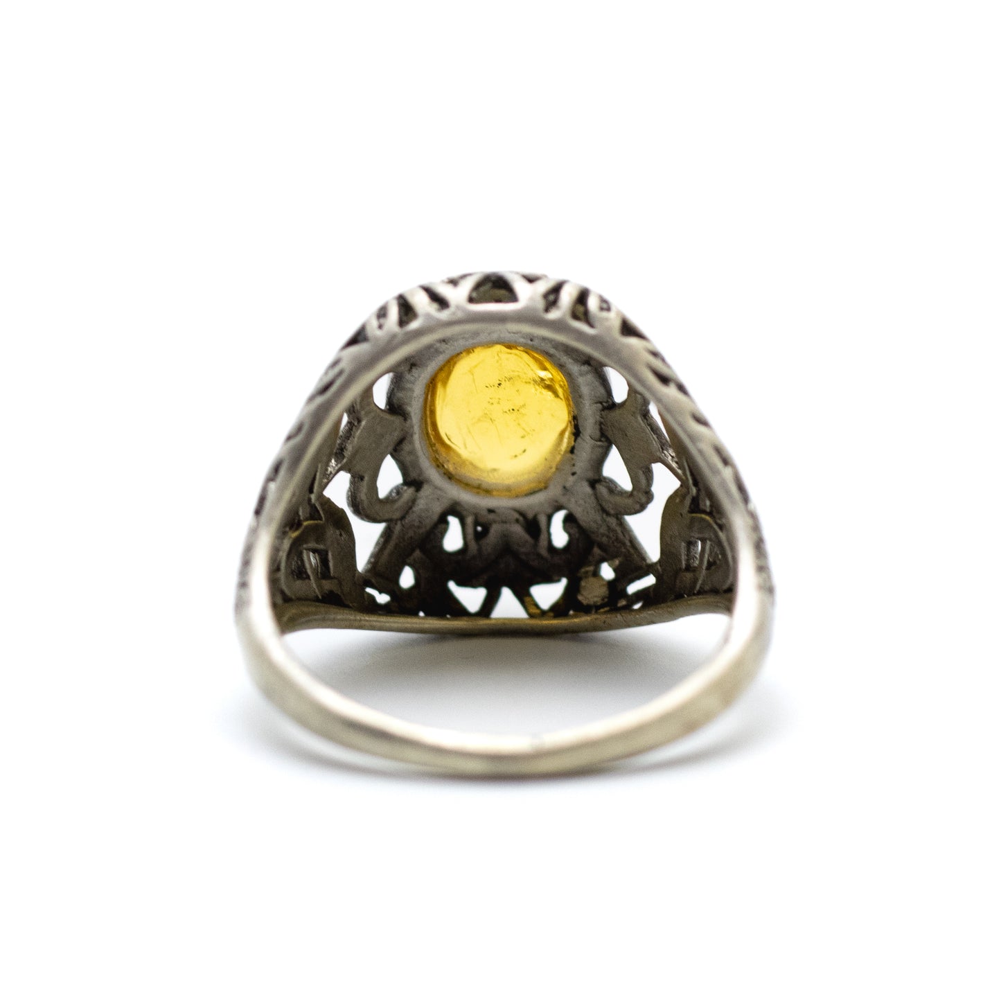 Art Deco Sterling Silver Ring with Yellow Amber Cabochon