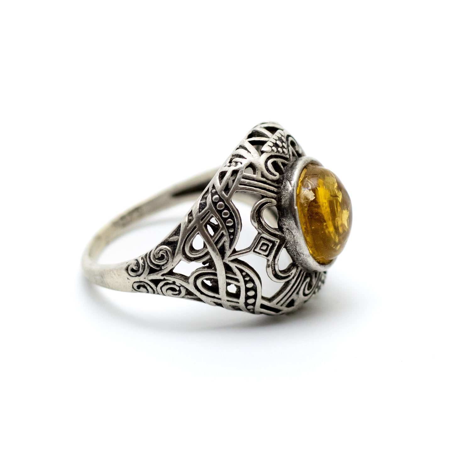 Art Deco Sterling Silver Ring with Yellow Amber Cabochon