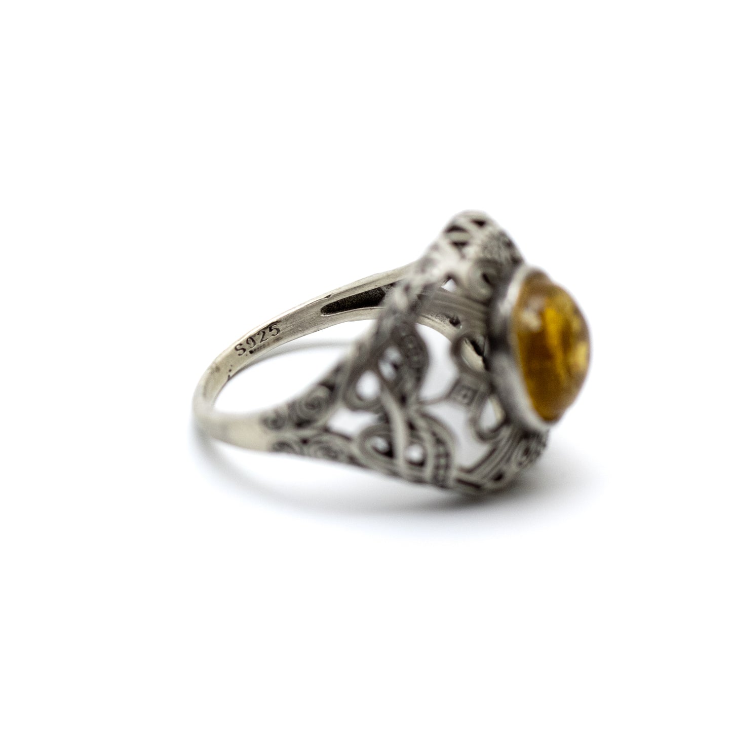 Art Deco Sterling Silver Ring with Yellow Amber Cabochon