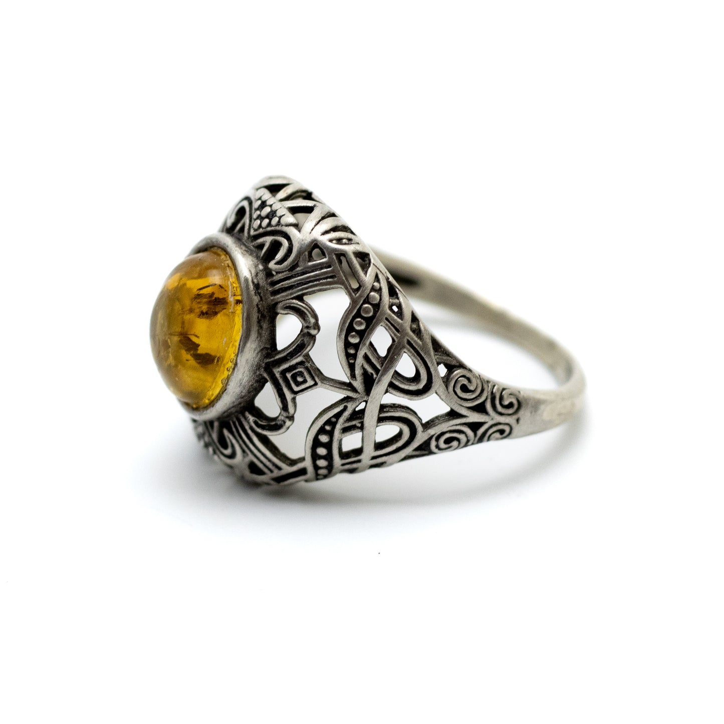 Art Deco Sterling Silver Ring with Yellow Amber Cabochon