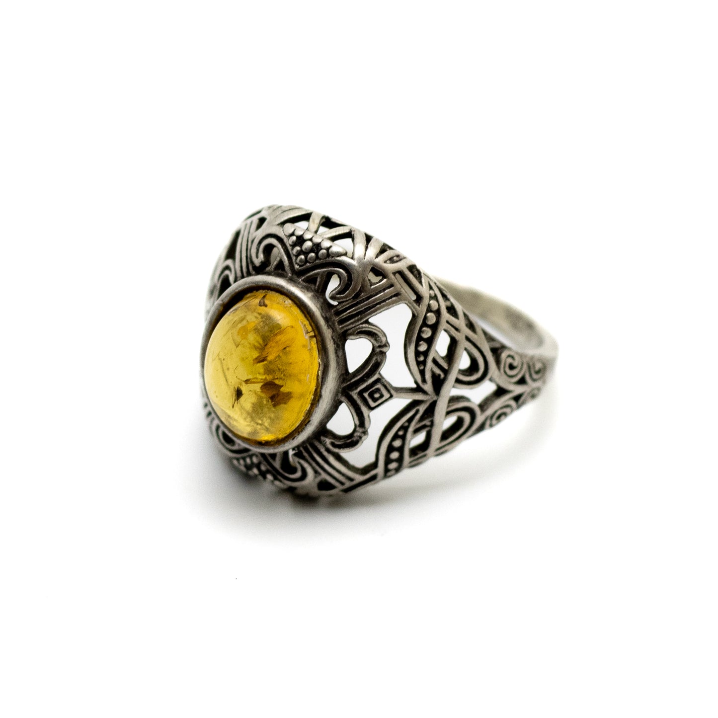 Art Deco Sterling Silver Ring with Yellow Amber Cabochon