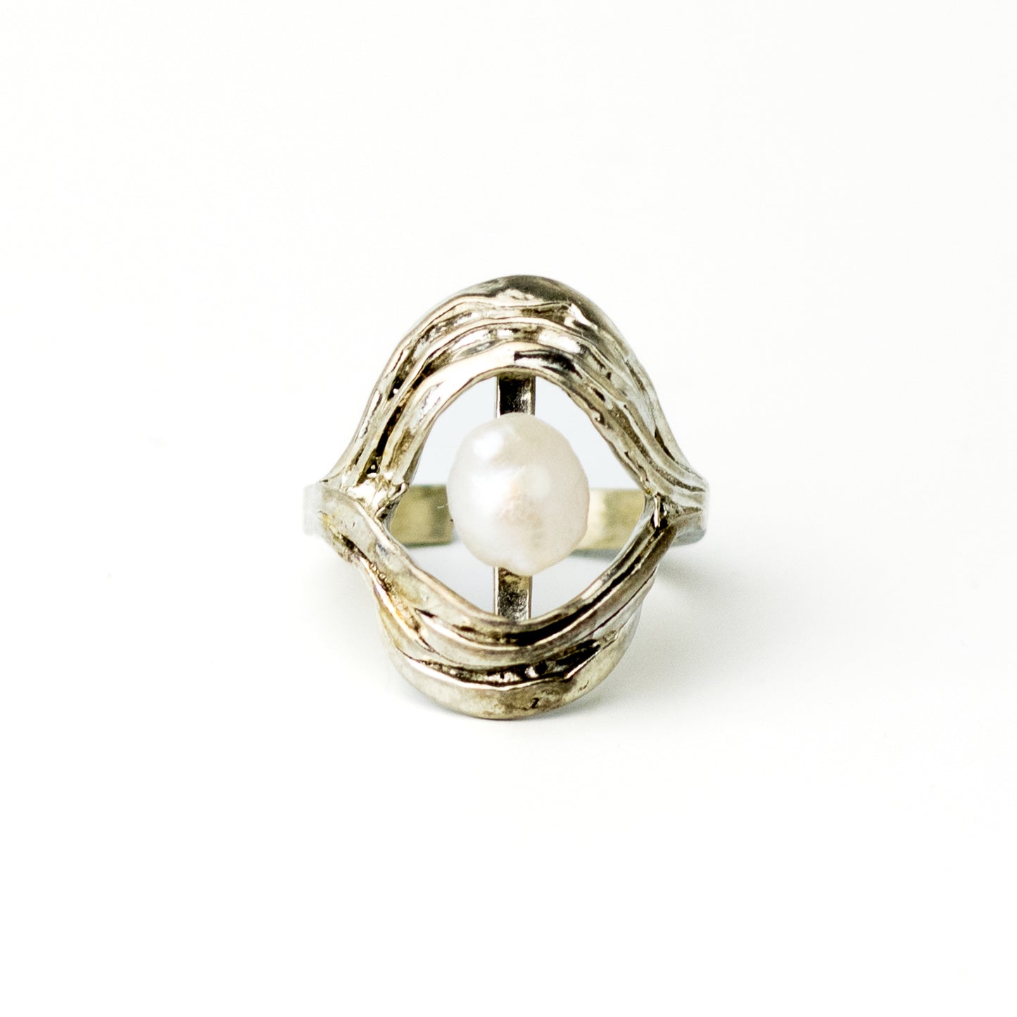 Perli Germany Brutalist Sterling Silver Ring with Natural Pearl