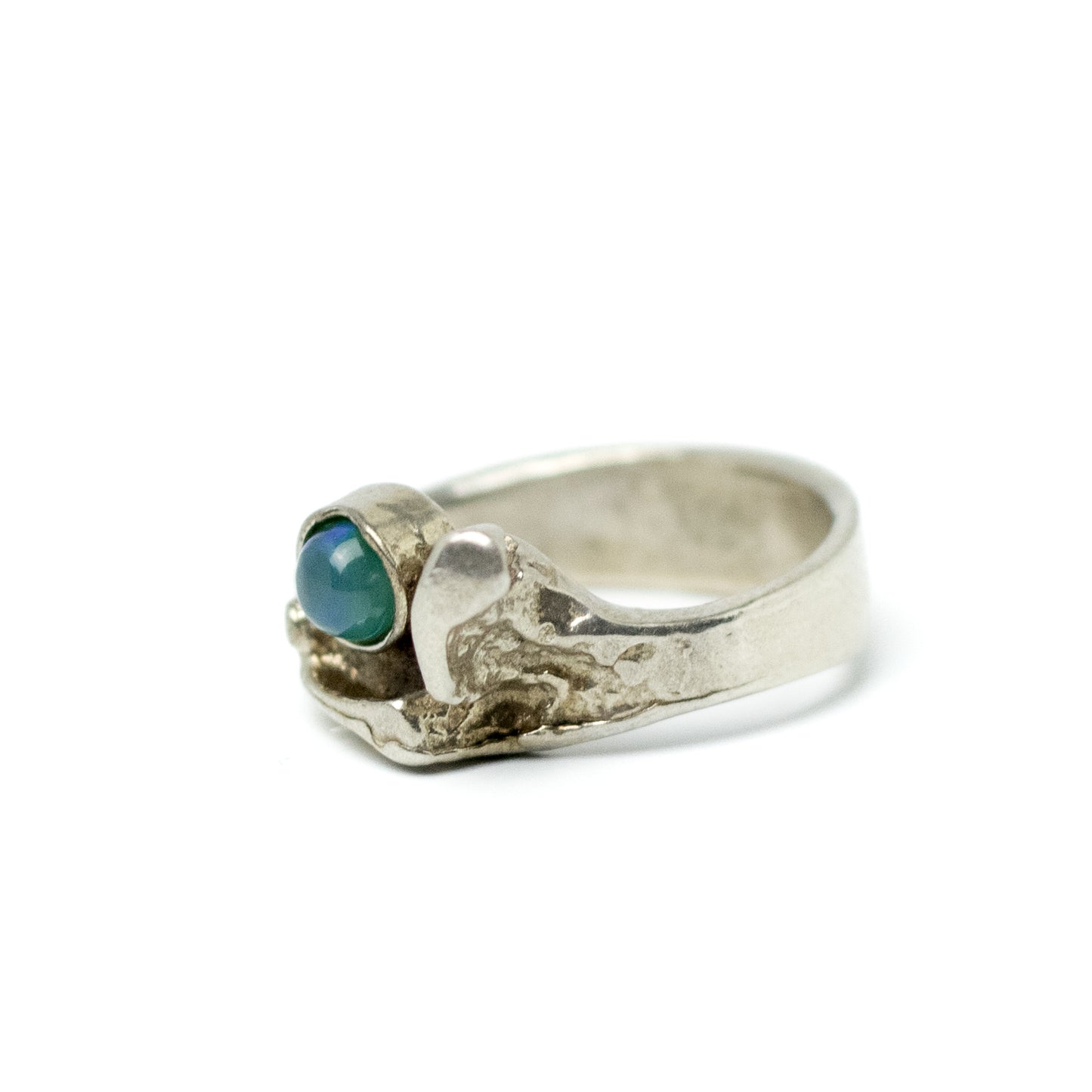 Vintage Brutalist Silver Ring with Natural Opal