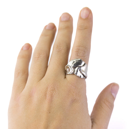 Brutalist Sterling Silver Pearl Ring by Perli with Floral Design