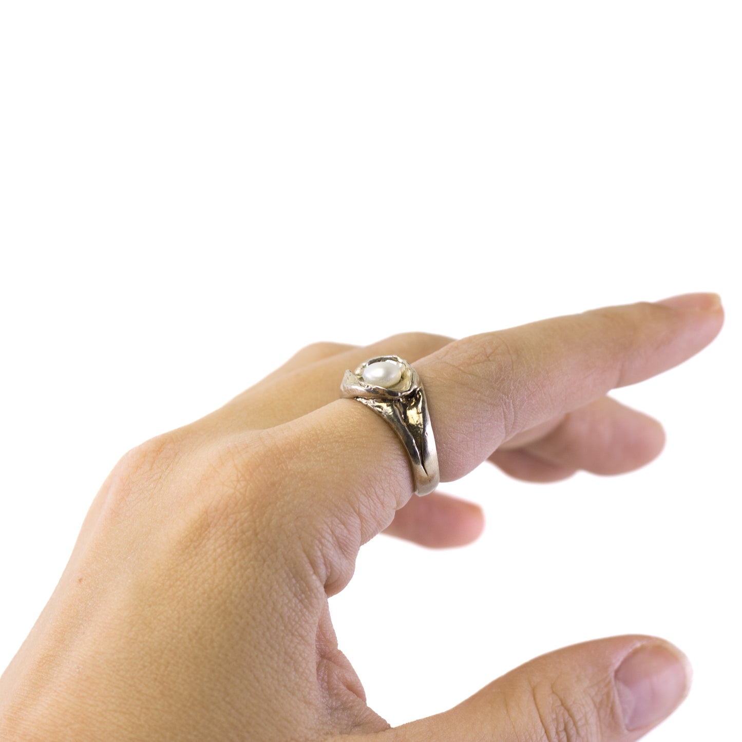 Vintage Brutalist Silver Pearl Ring By Perli