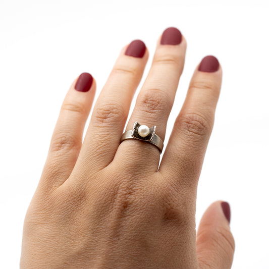 Vintage Dainty Silver Pearl Ring By Perli