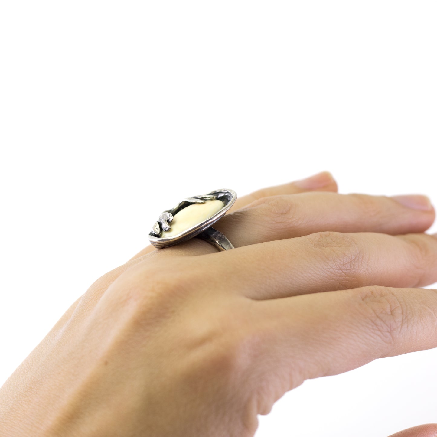 Vintage Silver Statement Ring By Perli in Naturalistic Design
