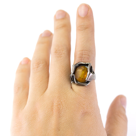 Vintage Brutalist Silver Ring With Amber By Niels Erik From