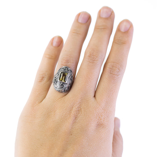 Art Deco Style Vintage Silver Ring With Citrine And Leaf Ornament